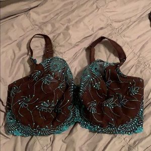 Teal and brown lace bra